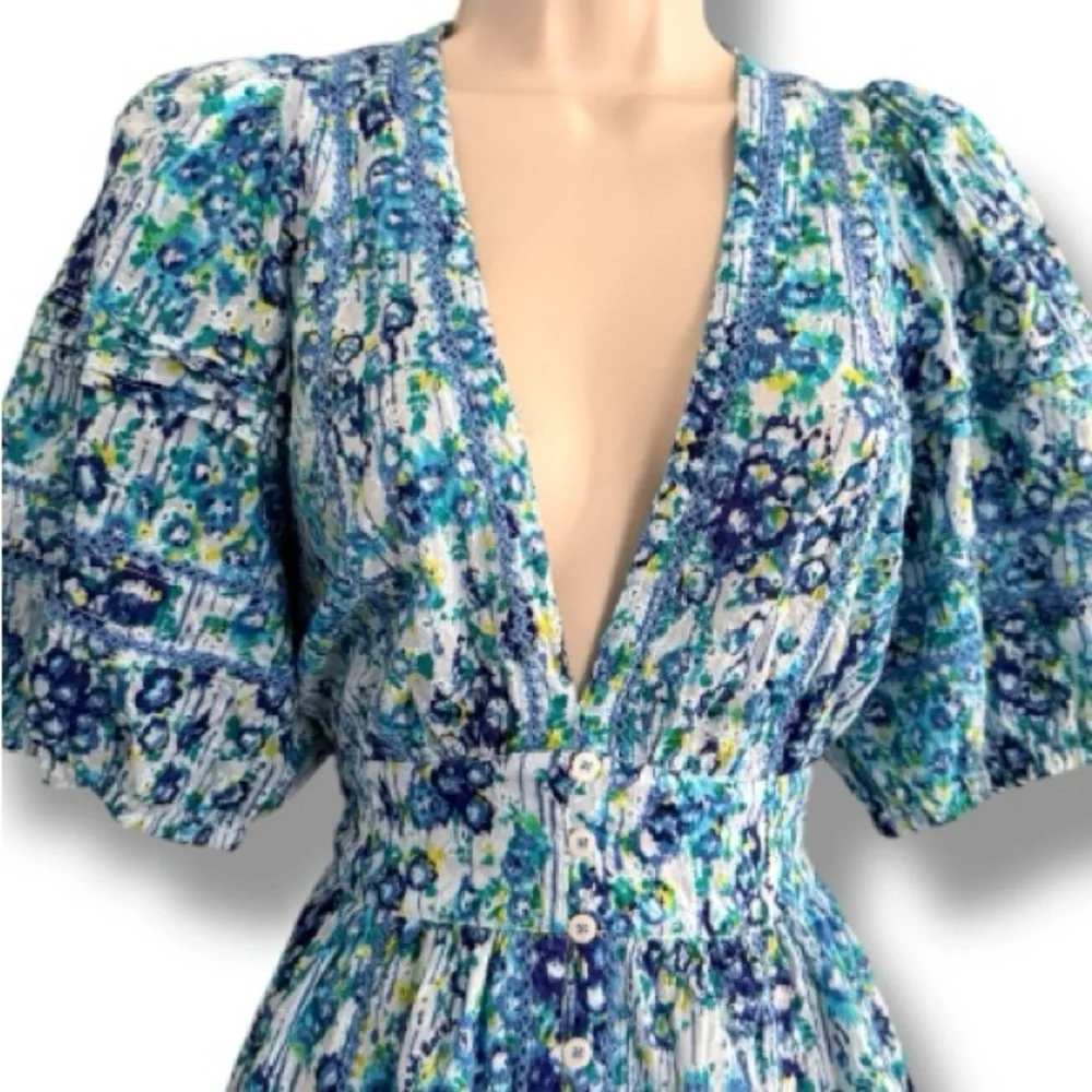 Poupette St Barth Reine Midi Dress in Blue Aquarelle Size Medium